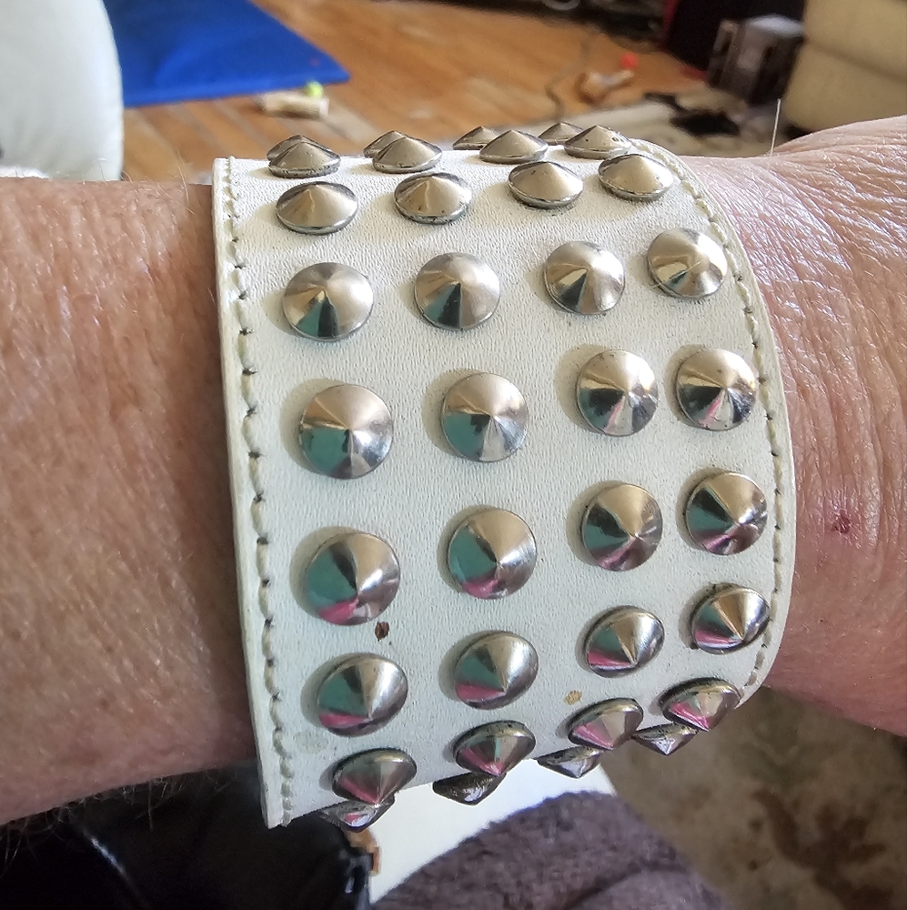 Goth White Studded & Blue Rhinestone Chunky Biker Style Bracelets